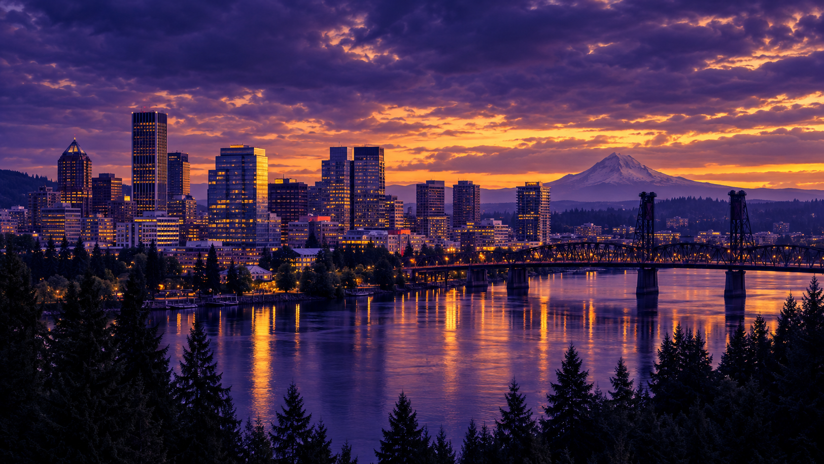 Portland and Vancouver skyline at dusk